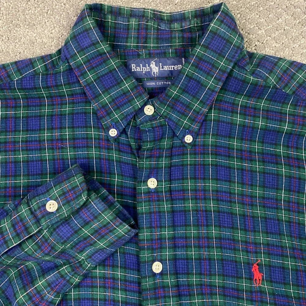 Vintage Ralph Lauren Flannel Shirt Men's XL Green Blue Plaid Tartan Blackwatch - Picture 5 of 13